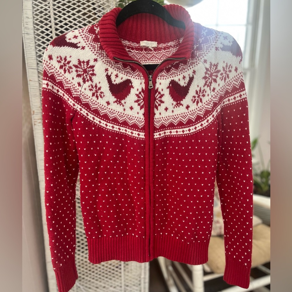 Talbots Petites Cotton Fair Isle Christmas Cardinal Zippered Sweater Cottagecore